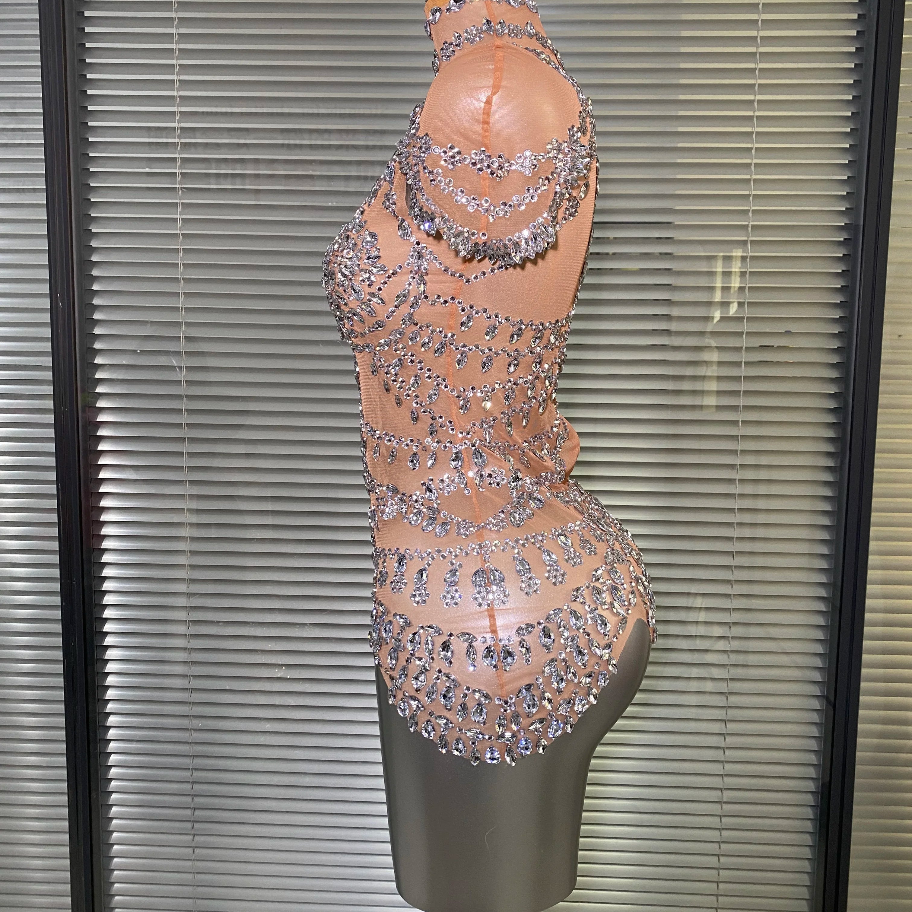 Celebrity New Women Sexy Skin See Through Sheer Diamonds Stretchy Night Club Singer Dancer Stage Costume Party Bodysuit