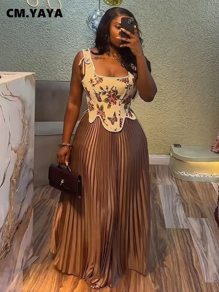 CM.YAYA Women's Set Floral Print Waist-cinching Vest +Pleated Long Skirts Suit 2025 Party Evening Street Two 2 Piece Set Outfit
