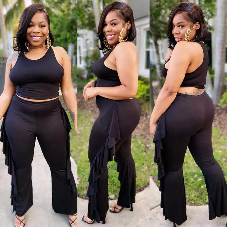 Style Plus Size Women Clothing Summer Two-piece Set Solid Color Tank Top Ruffle Pant Set Lady Trendy Suit Wholesale Dropshipping