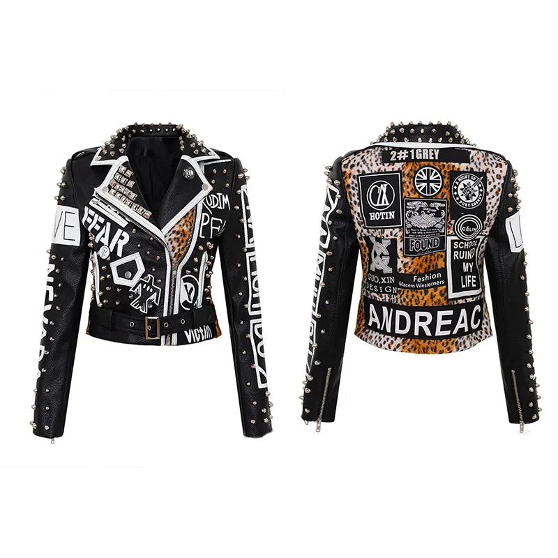 Spring Skull Pattern Graffiti Short Leather Jackets For Punk Women Rivet Slim Streetwear Motorcycle Jackets Coat 15