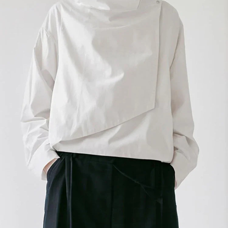 Freeacy Women's Autumn New Jacket High Neck Long Sleeves Loose Fit Coat Solid Color Asymmetrical Cool Outerwears for Female WHITE