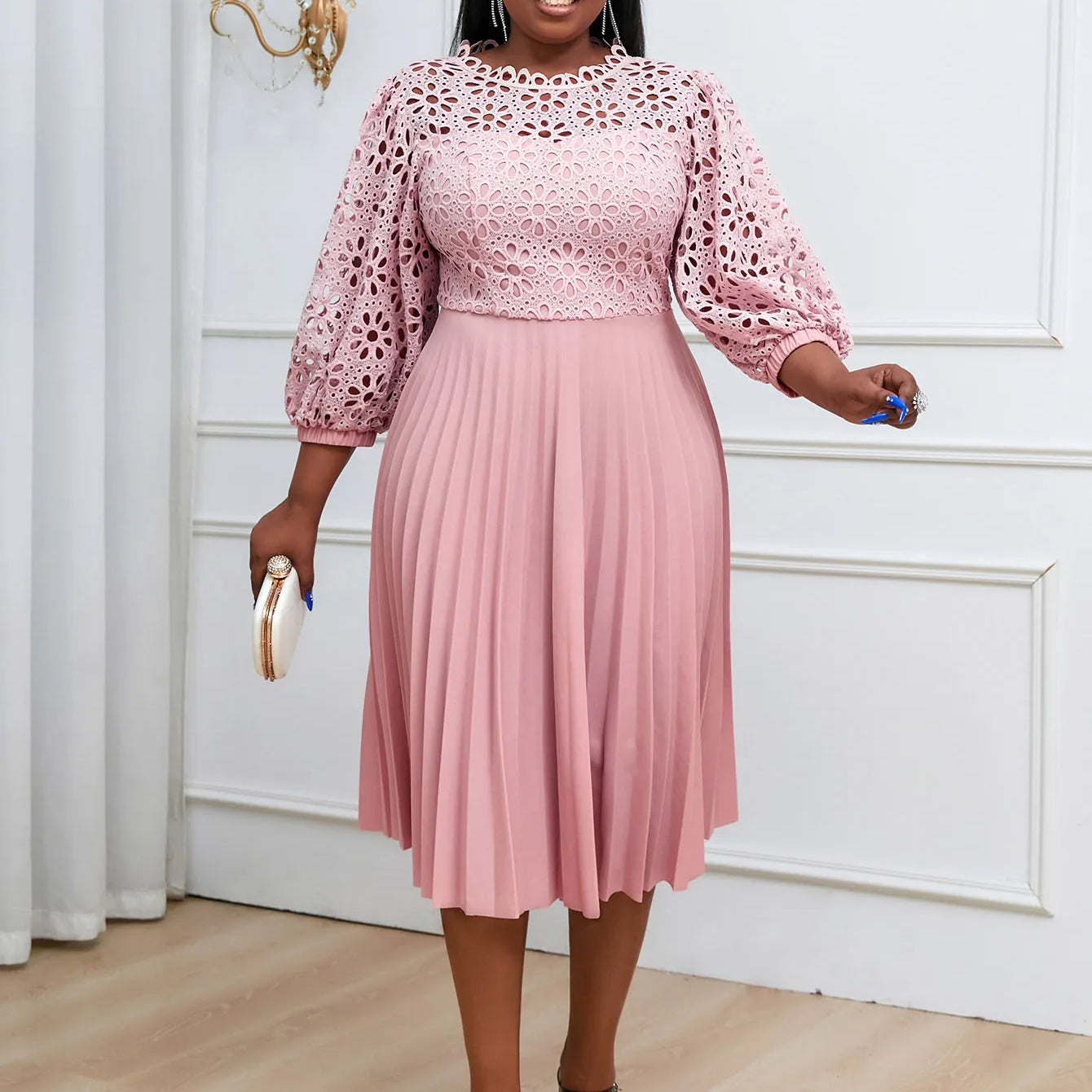 Women Elegant Summer White Pleated Dress Plus Size Hollow Out Lace Sleeve Midi Dresses Elegant Party Birthday Church Outfits Pink