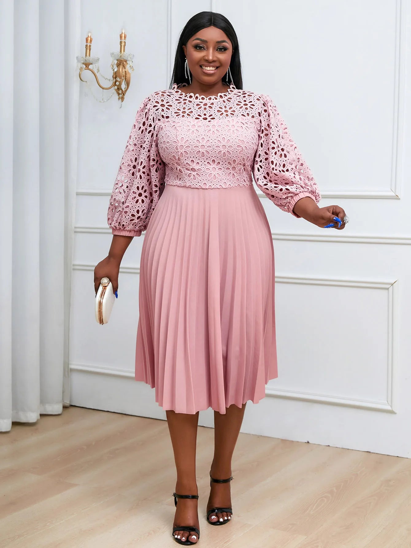 Women Elegant Summer White Pleated Dress Plus Size Hollow Out Lace Sleeve Midi Dresses Elegant Party Birthday Church Outfits Pink