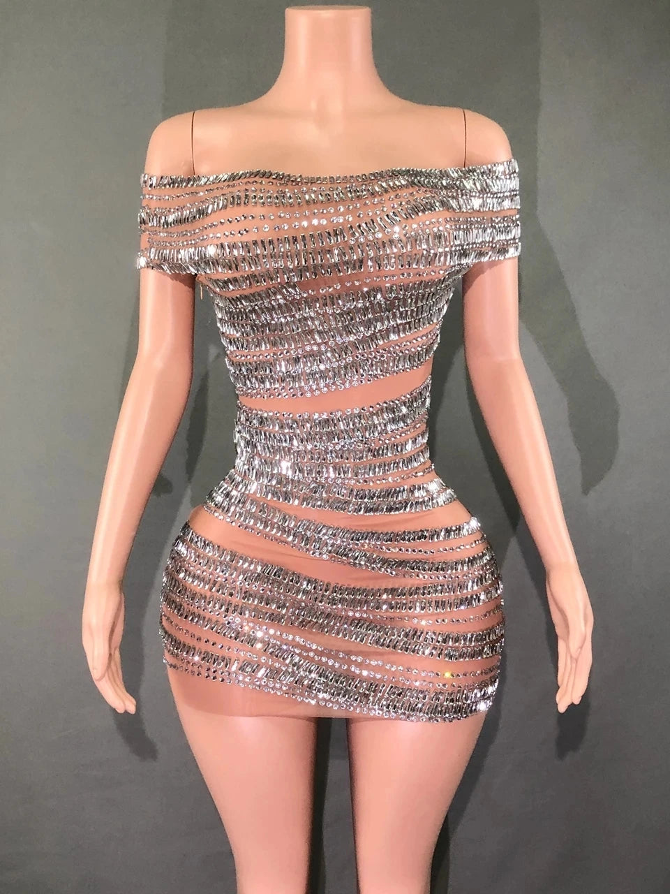STOCKSparkly Rhinestones Short Dress for Women Sexy Off-shoulder See Through Evening Celebrate Birthday Dress Photo Shoot Stage