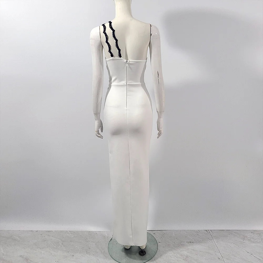 Women Sexy One Shoulder Black Lace High Split Bodycon Long Bandage Dress Celebrate Gloves Nightclub Party Outfit