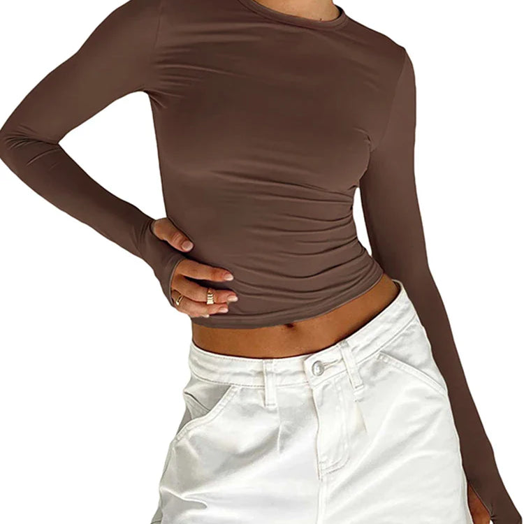 Fashion Women T-shirt Long Sleeve Crew Neck Solid Slim Fit Ladies Crop Top with Thumb Holes for Daily Streetwear Summer Camis Brown