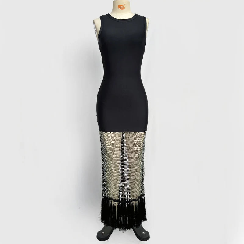 Women Sleeveless Sexy Shinning Rhinestones Tassels Bodycon Long Bandage Dress Nightclub Party Bar Singer Celebrate Stage Wear