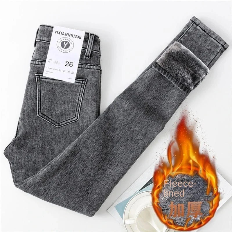 Skinny Velvet Lined Pencil Jeans High Waist Thicken Warm Denim Pants Winter Women Stretch Pantalones Skinny Casual Vaqueros New