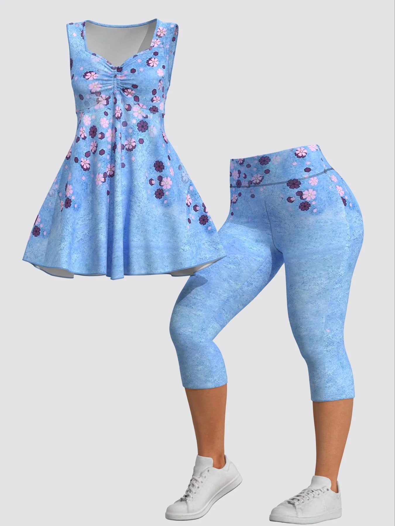 Casual Women Plus Size Two Piece Set Square Collar Floral Printed Tank Tops and Cropped Trousers Summer Matching Sets 2025