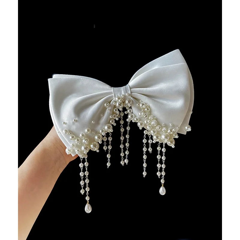 New white bow Beaded Bridal hair decoration wedding brides clips hairpin hair accessories Light Yellow Gold Color WHITE