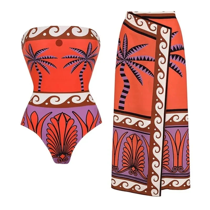 New Retro Off Shoulder Ruffle Printed Bikini Set Swimsuit Women Swimwear Beachwear Bikinis Bathing Suit Beach Vacation Outf Set 1