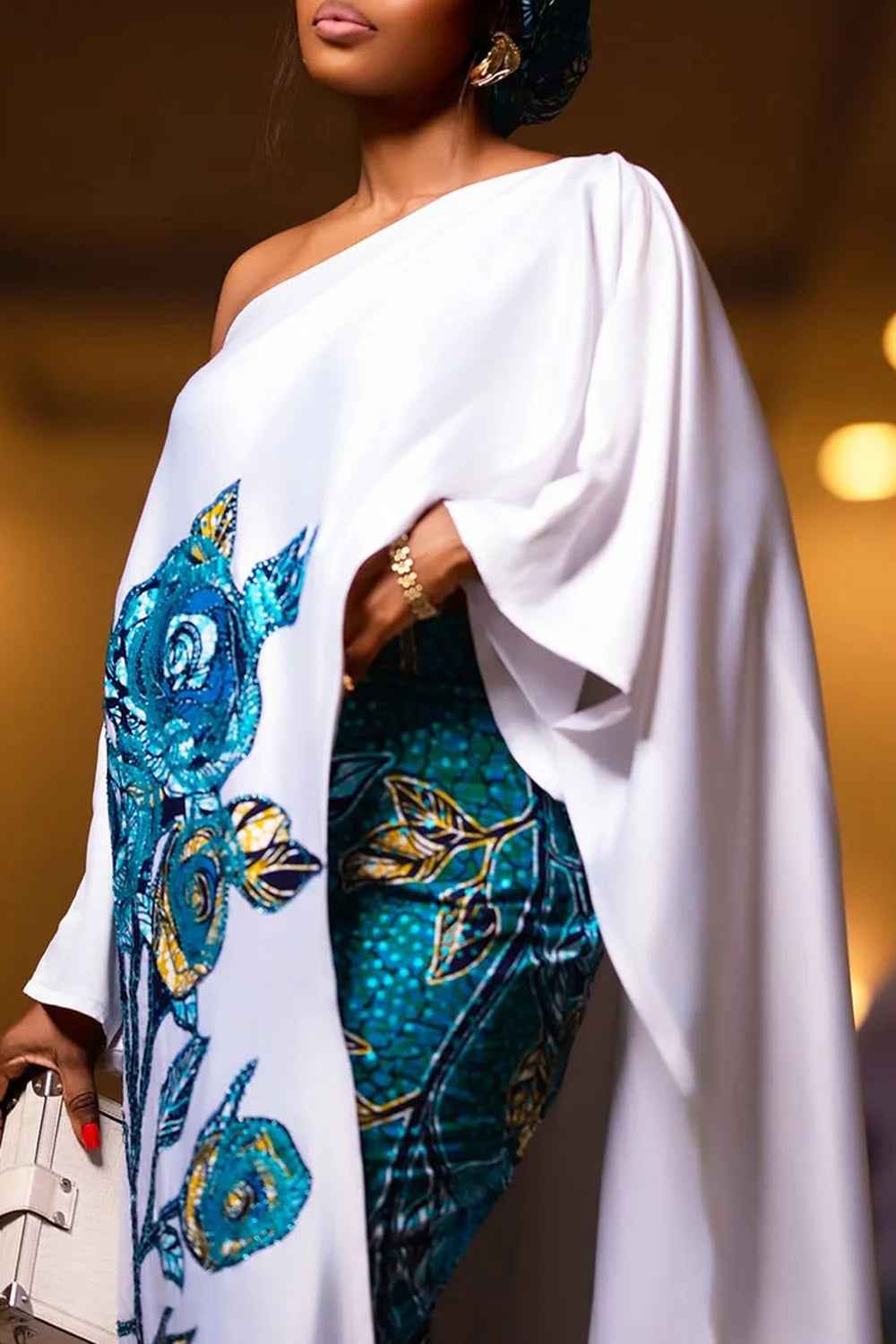 Plus Size Formal White Elegant Floral Oblique Collar 3/4 Sleeve Split Two Piece Skirt Sets