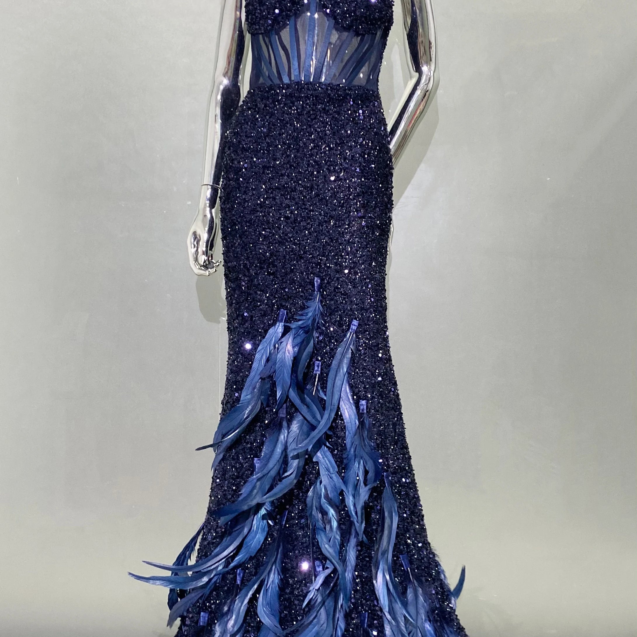 Women Summer Sexy V Neck Mesh Sequins Blue Feather Maxi Long Dress 2024 Elegant Party Evening Stage Performance Dress Vestido