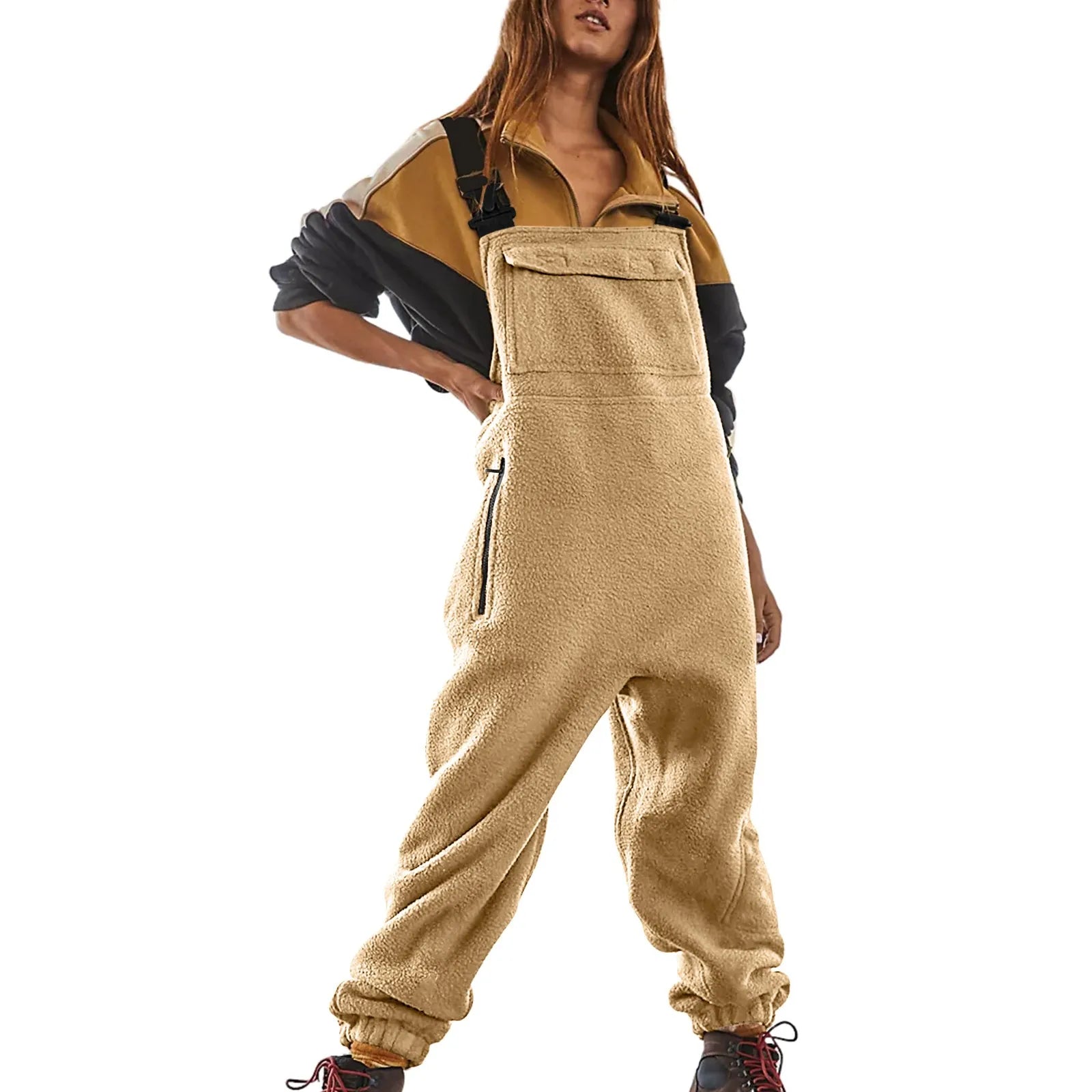 Womens Fleece Overalls One-piece Bibs Jumpsuits Adjustable Suspender Straps Warm Winter Fuzzy Ski Pants Khaki