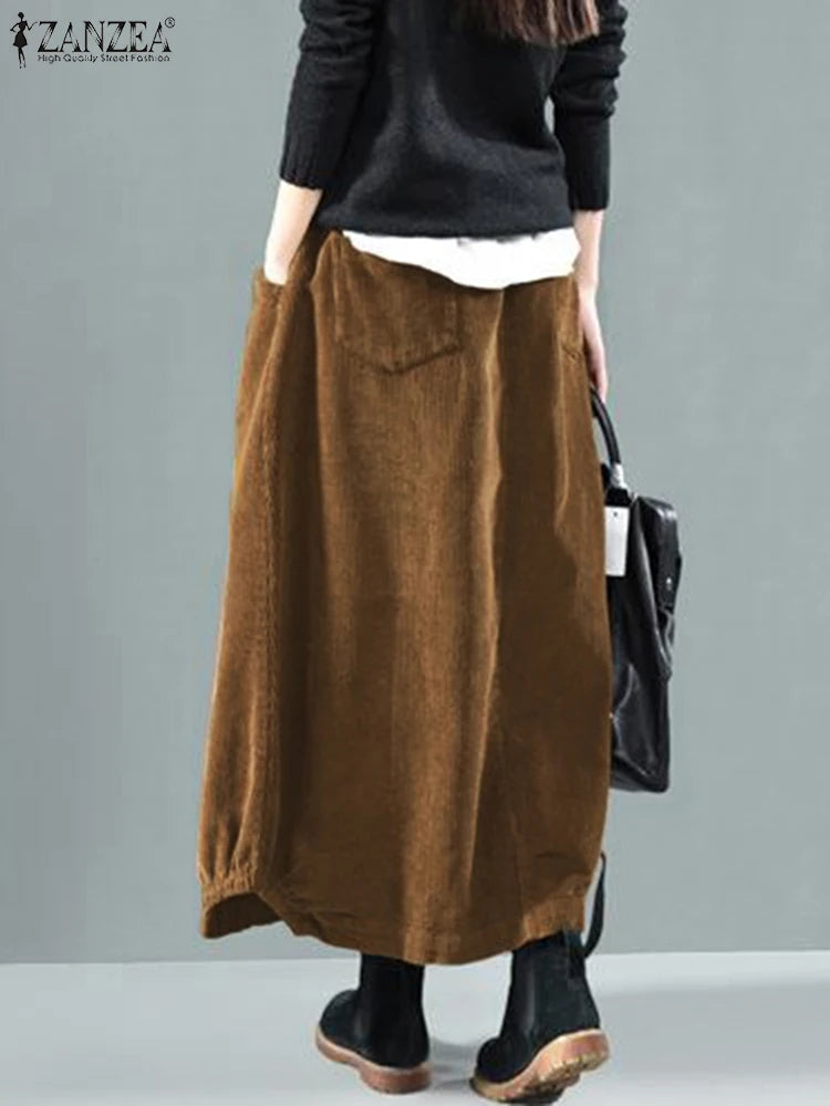 Women Corduroy Skirts Casual Elastic Waist Long Skirt Female Faldas Saia Autumn Vintage Solid Jupe Vestidos Oversize