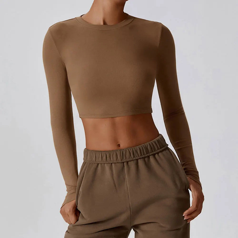Crop Tops Women Yoga T-shirts Solid Sports Top Long Sleeve Running Shirts Sexy Exposed Navel Quick Dry Fitness Gym Workout Tops