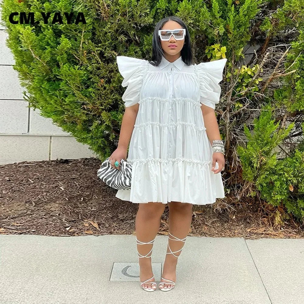 CM.YAYA Elegant Women Puff Short Sleeve Smock Dress 2022 Summer Chic Big Swing Loose Turn-down Neck Sundress Vestidos