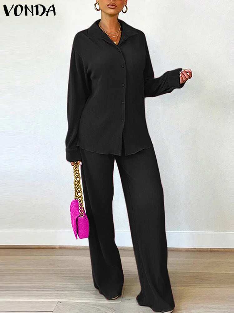 Plus Size 5XL VONDA Women Sets 2025 Autumn Casual Lapel Loose Two-Piece Suits Elegant Tops and Wide Leg Pants Matching Sets