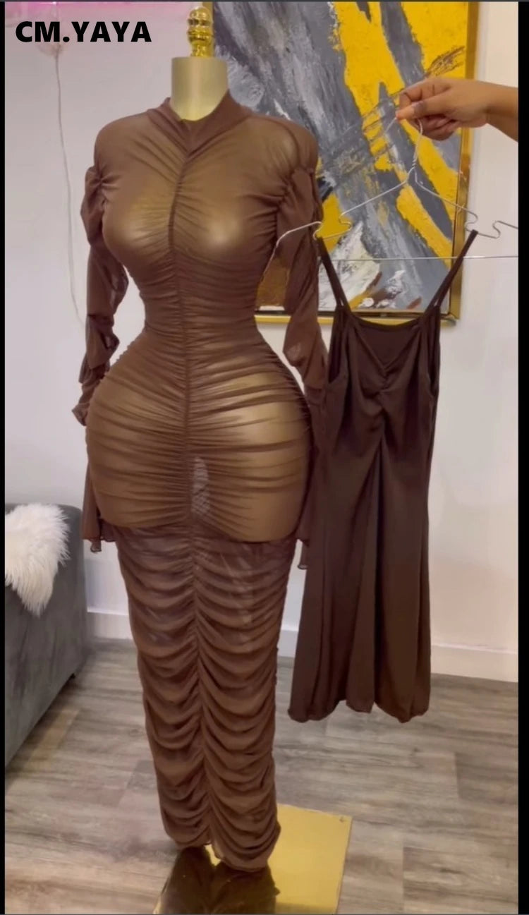 CM.YAYA Women Flare Long Sleeve Stacked Ruched Mesh See Though with Tank Dress Maxi Long Dress 2025 Birthday Sexy Party Dresses
