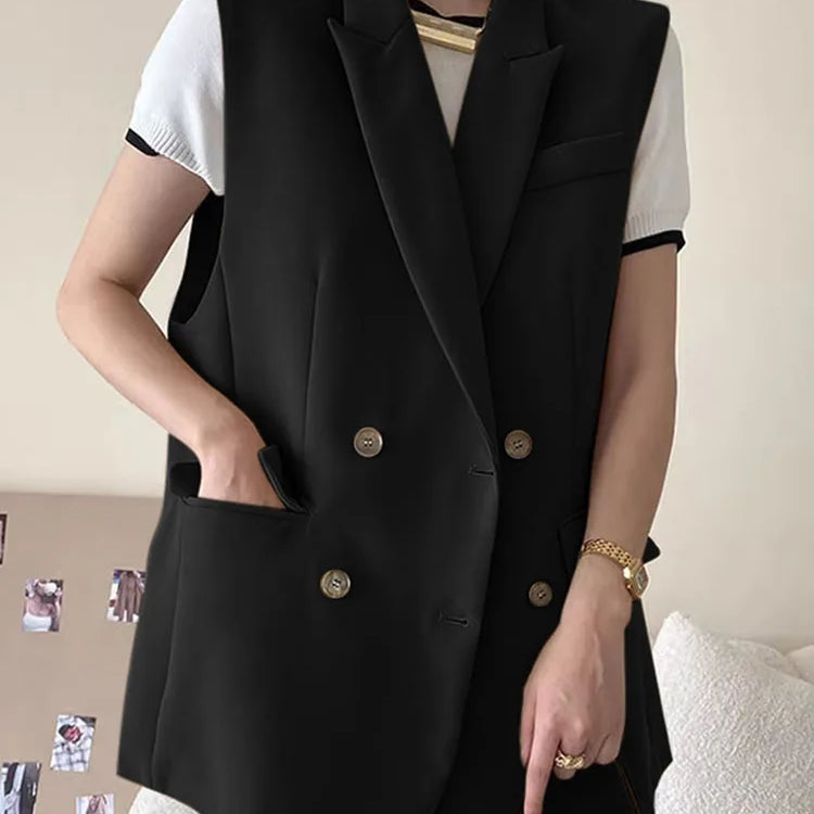Fashion Women Vests Korean Style Sleeveless Casual Blazer Elegant Peak Lapel Suit Coats Oversize OL Black Vests