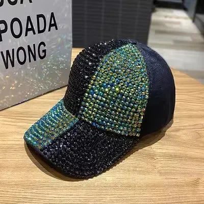 Summer Ladies Baseball Cap Korean Wild Spring and Autumn Rhinestone Caps Fashion Personality Street Highlights Hip-hop Hats PZ- black green 55-60cm