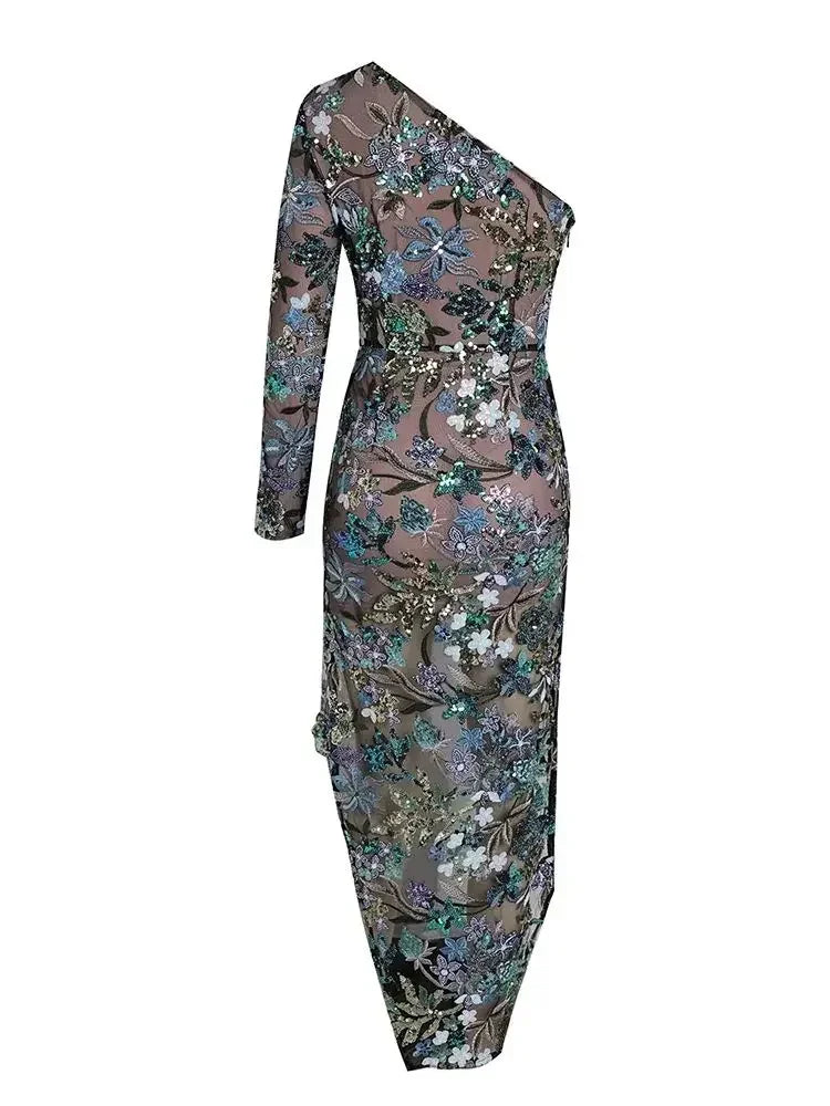 Sexy Women One Shoulder Long Sleeves Luxury Sequin Floral Embroidered Asymmetric Flower Slim Long Dress Bodycon Party Dress