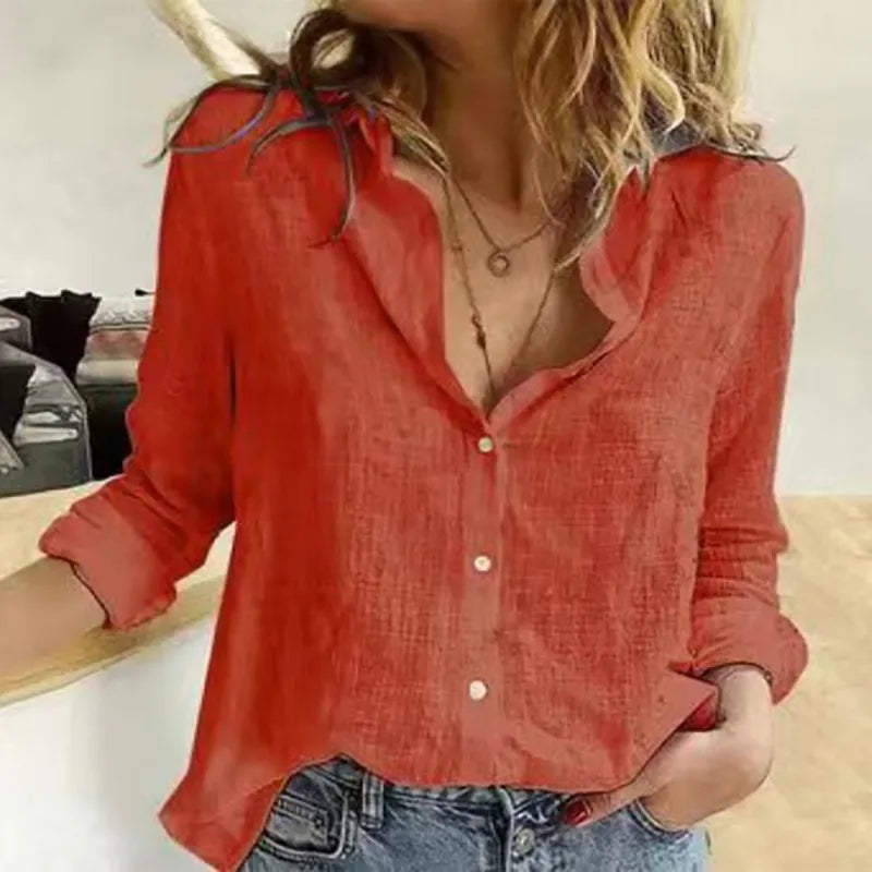 Leisure Shirts Spring Autumn Button Lapel Cardigan Top Lady Loose Long Sleeve Oversized Shirt Womens Blouses Casual Tunic Blusas Orange Red
