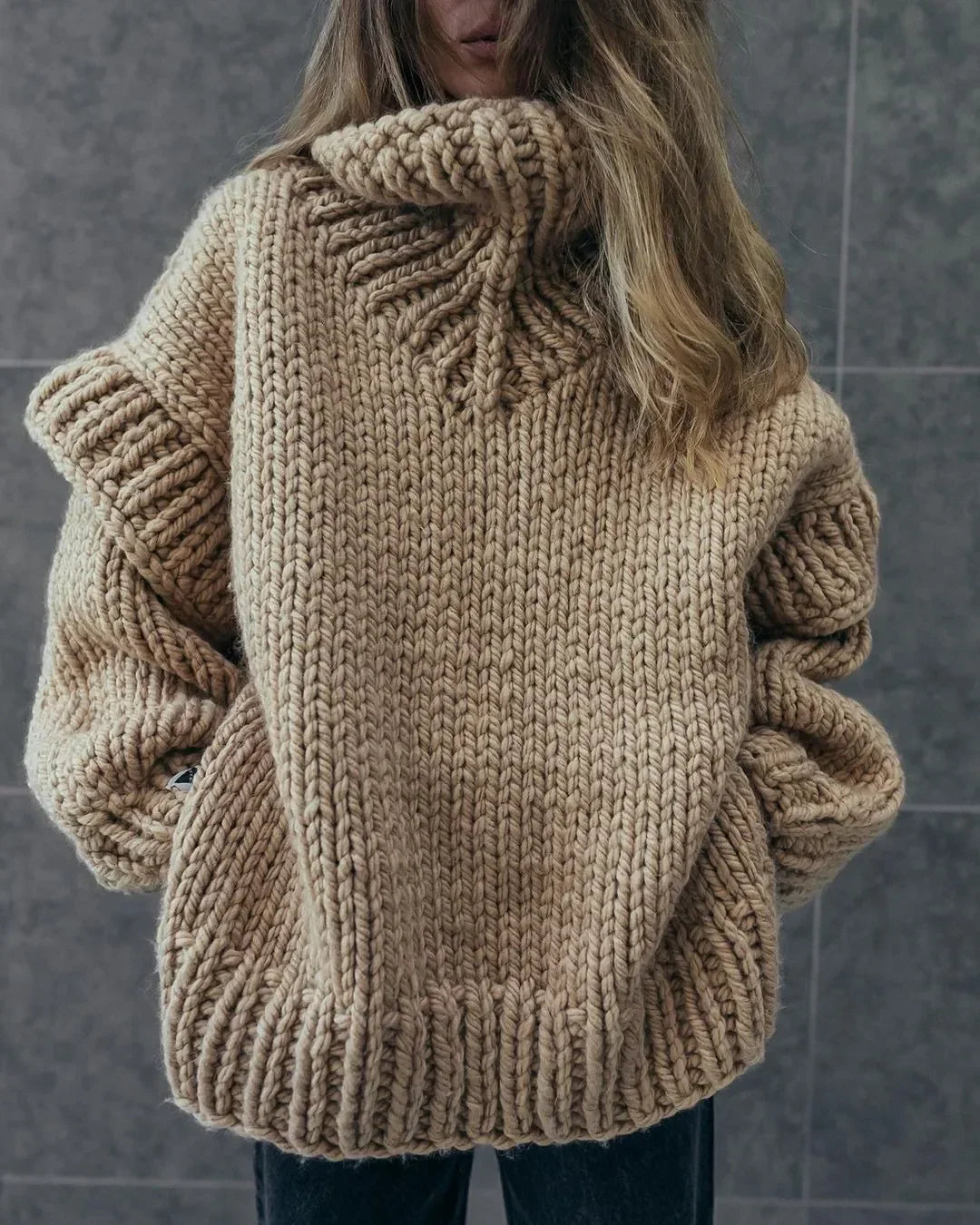 Solid Knit Turtlrneck Double Lantern Sleeve Women Pullover Thick Warm Oversized Loose Top Sweater 2023 Fall Winter Chic Knitwear CYD8654-CM