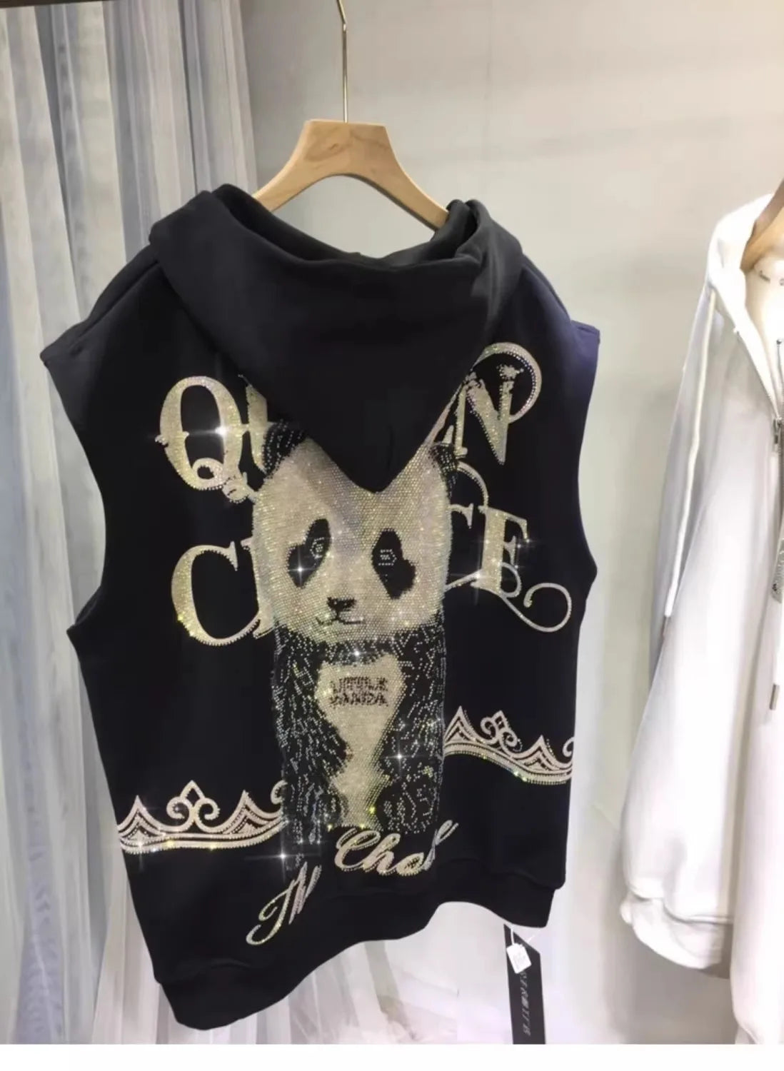 Plus Size Animal Letter Stamping Diamond Women's Jackets Sleeveless Hooded Fashion New Coat Vest Autumn Winter Female Cardigan black