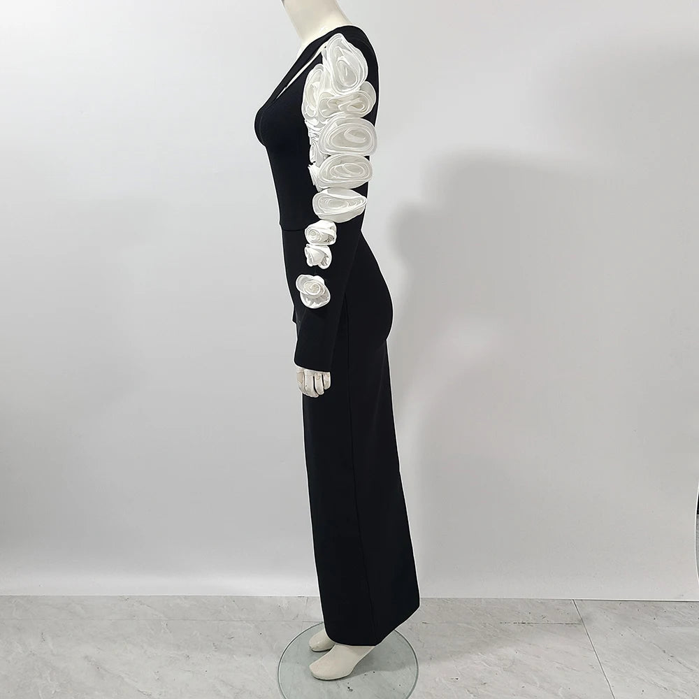 Women Long Sleeve Sexy Off the Shoulder Bodycon Long Bandage Dress White Florals Elegant Evening Party Outfit