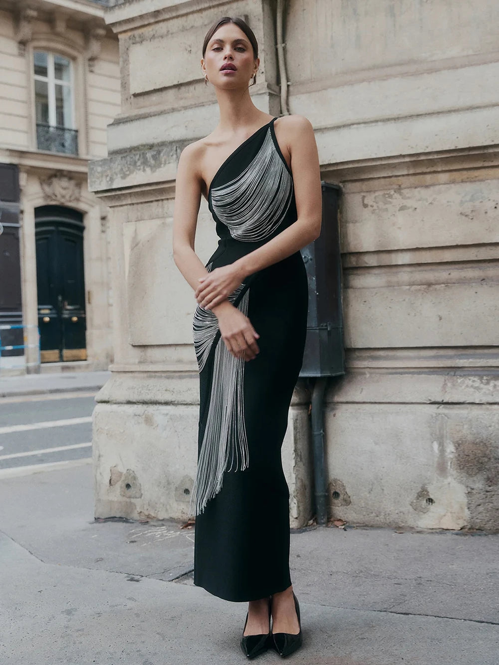 Women Sexy One shoulder Tassels Black Maxi Bodycon Bandage Dress 2025 Summer Elegant Cocktail Evening Club Party Gowns