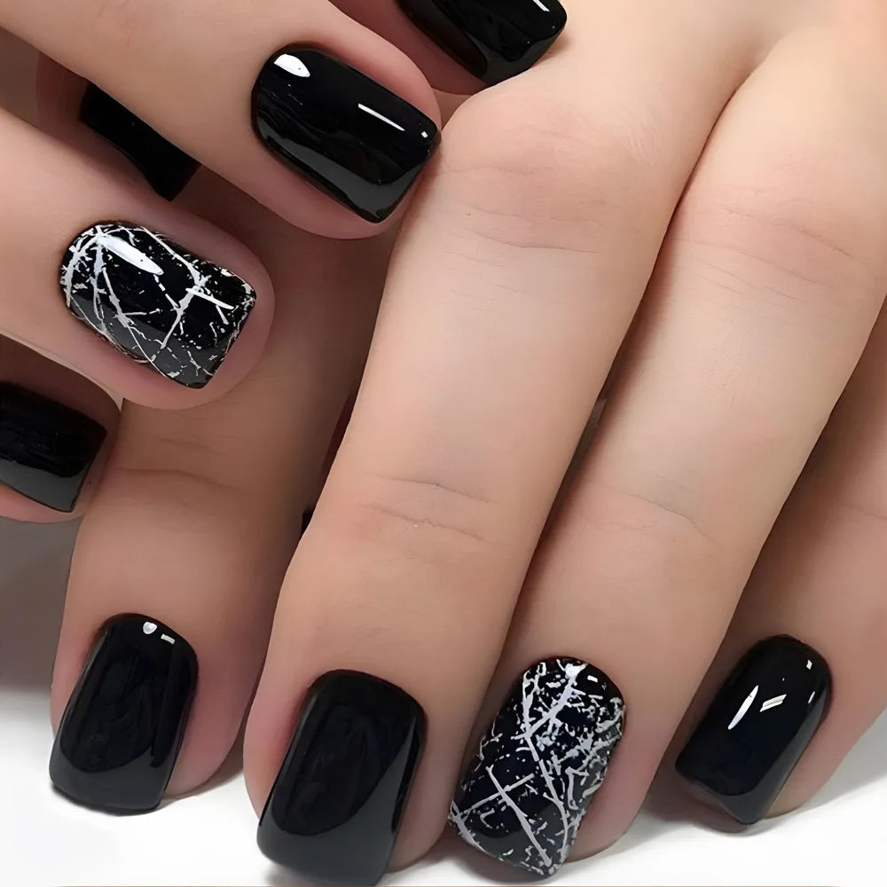 24Pcs Fashion Fake Nails Press on Short Square Head False Nail Art Black Starlit Sky Design Artifical Full Cover Nail Tips