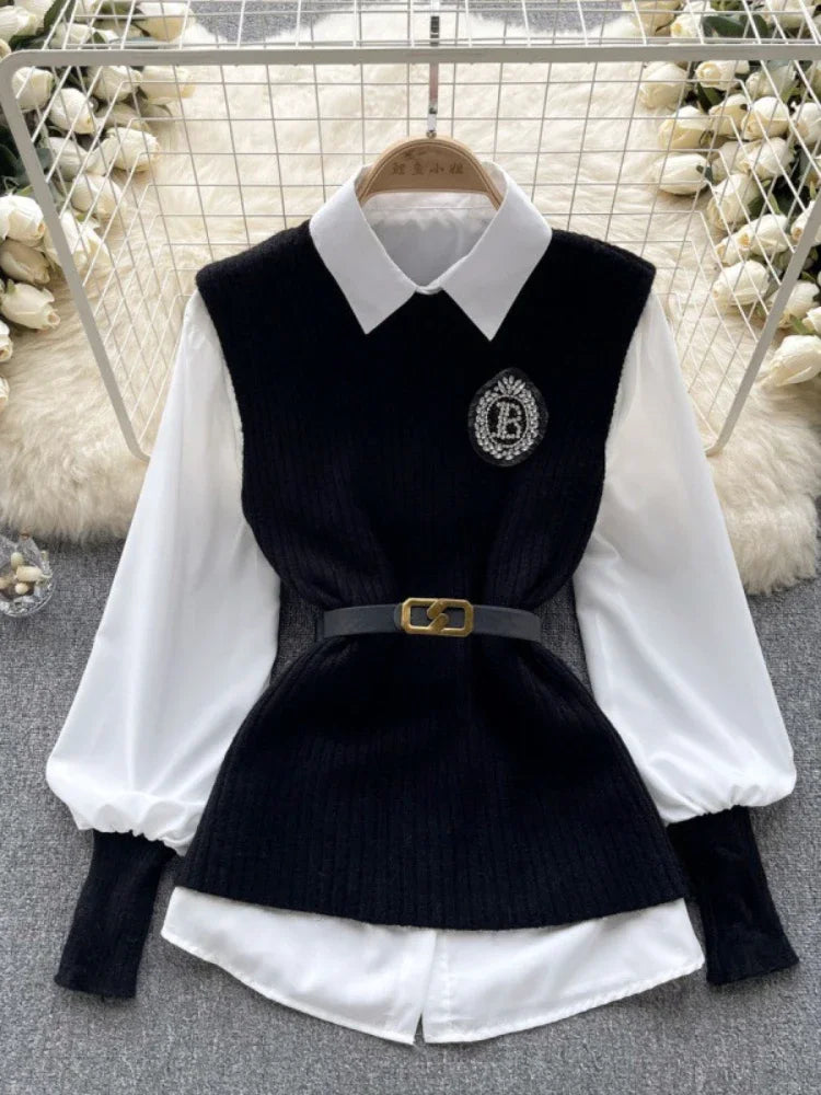 Loose White Shirt Long Sleeve Top Women's Belt Slit Knit Vest Korean Fashion Two Piece Set for Women Blouse Spring New Black letters