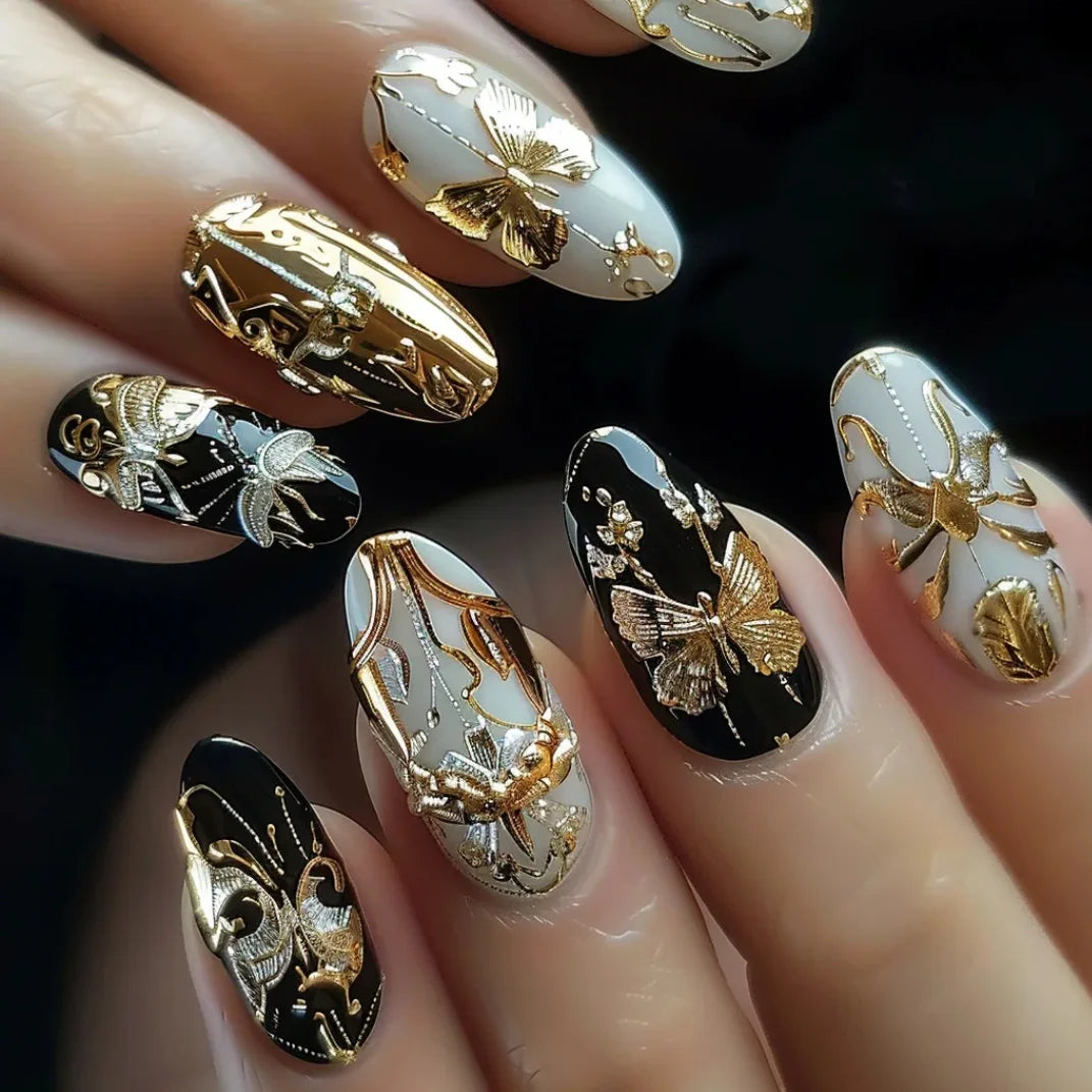 24pcs/set Medium long fake nails yellow dragon flowers feather design for Spring summer Square almond tips press on false nail