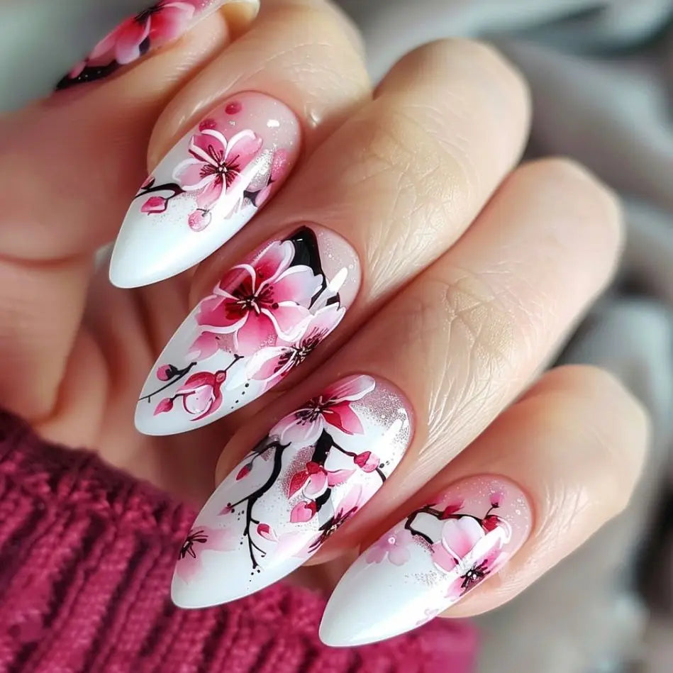 24Pcs Simple Almond Nails Tips Fresh Colorful Flower Design False Nails Wearable Oval Fake Nail Short Full Cover Press on Nails