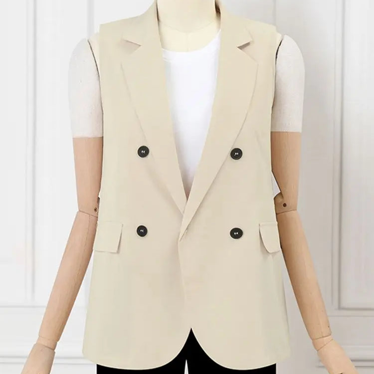 Vintage OL Jacket Casual Lapel Blazer Women Double Breasted Suit Coats Fashion Sleeveless Office Vest Autumn Femme