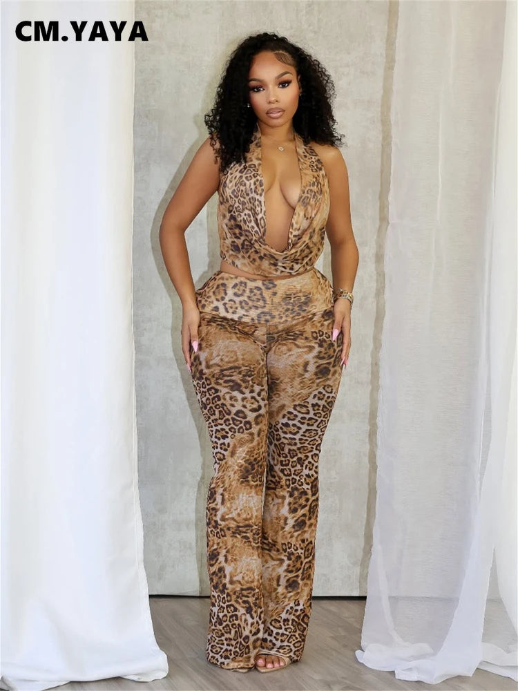 CM.YAYA Women's Set Sleeveless Halter V-neck Leopard Print Top + Pants Suit 2025 Sexy Slim Night Party Two 2 Piece Sets Outfits