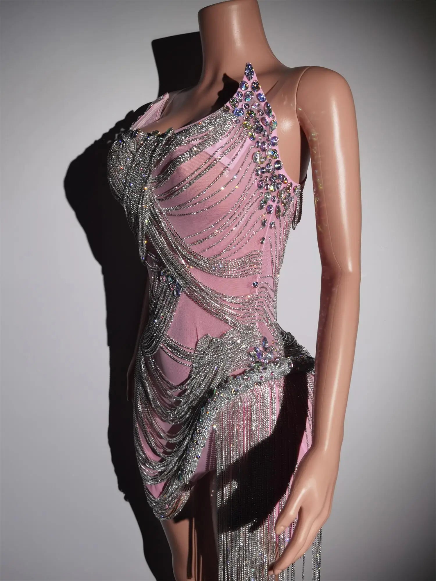 Rhinestones Crystals Fringes Dress Woman Birthday Celebrate Prom Dresses Pink Party Costume Sexy Dancer Stage Outfits Luoli