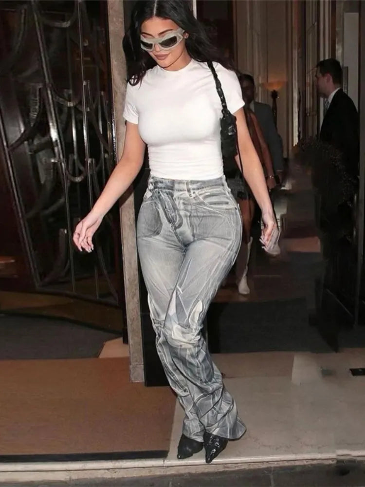 kliou Autumn Women Ankle-Length Casual Flare Pants K22P20690 Girl Street Print Slim Trousers Lady All-match Fake Denim Bottoms GRAY