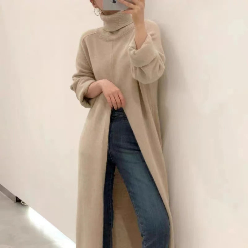 Korean chic autumn/winter niche design with high neck, loose slit, knee length, and slim knit bottom sweater for women