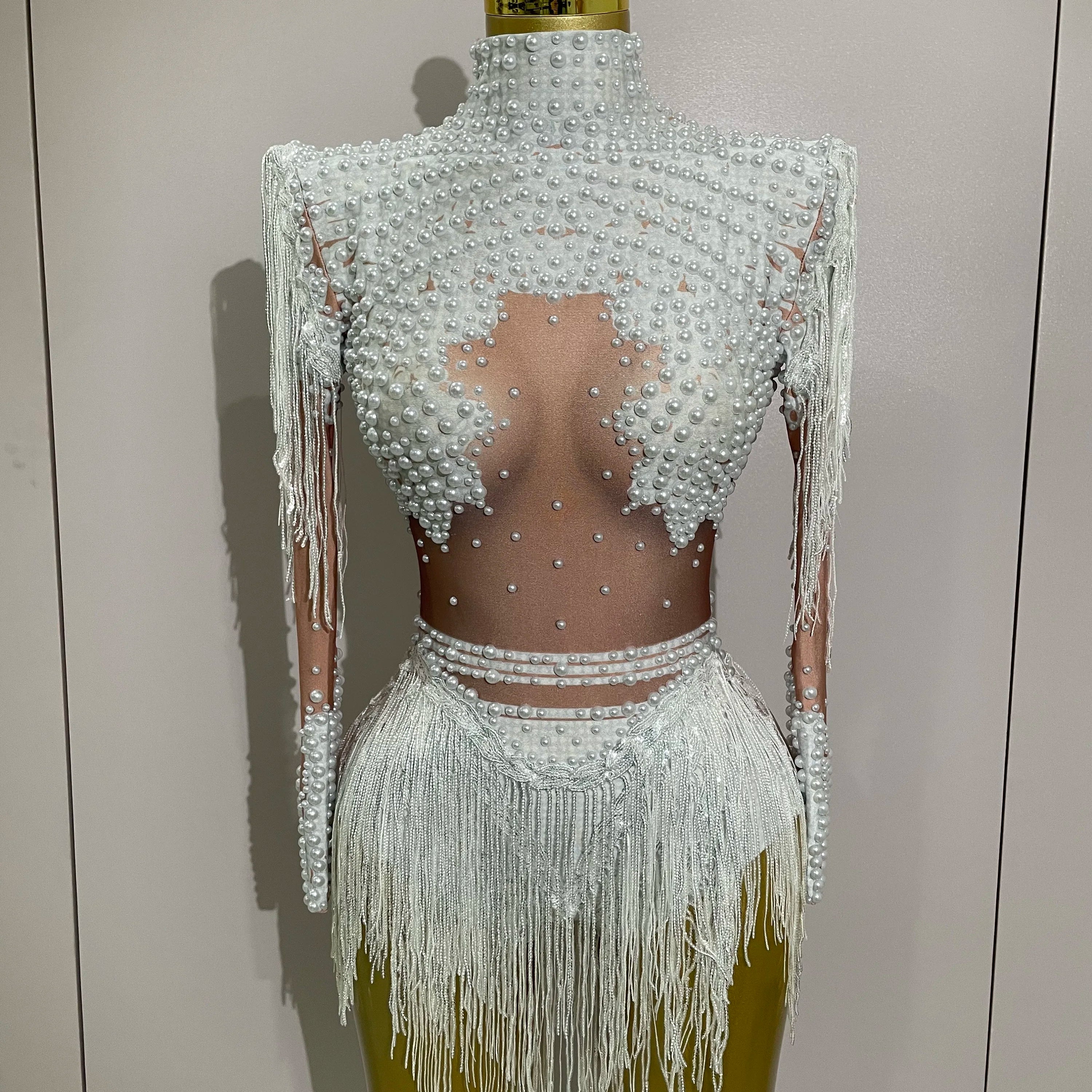 Women Sparkly Rhinestone Sequin Tassel Stretch Bodysuits 2025 New Arrival Birthday Party Nightclub Dj Stage Performance Costume