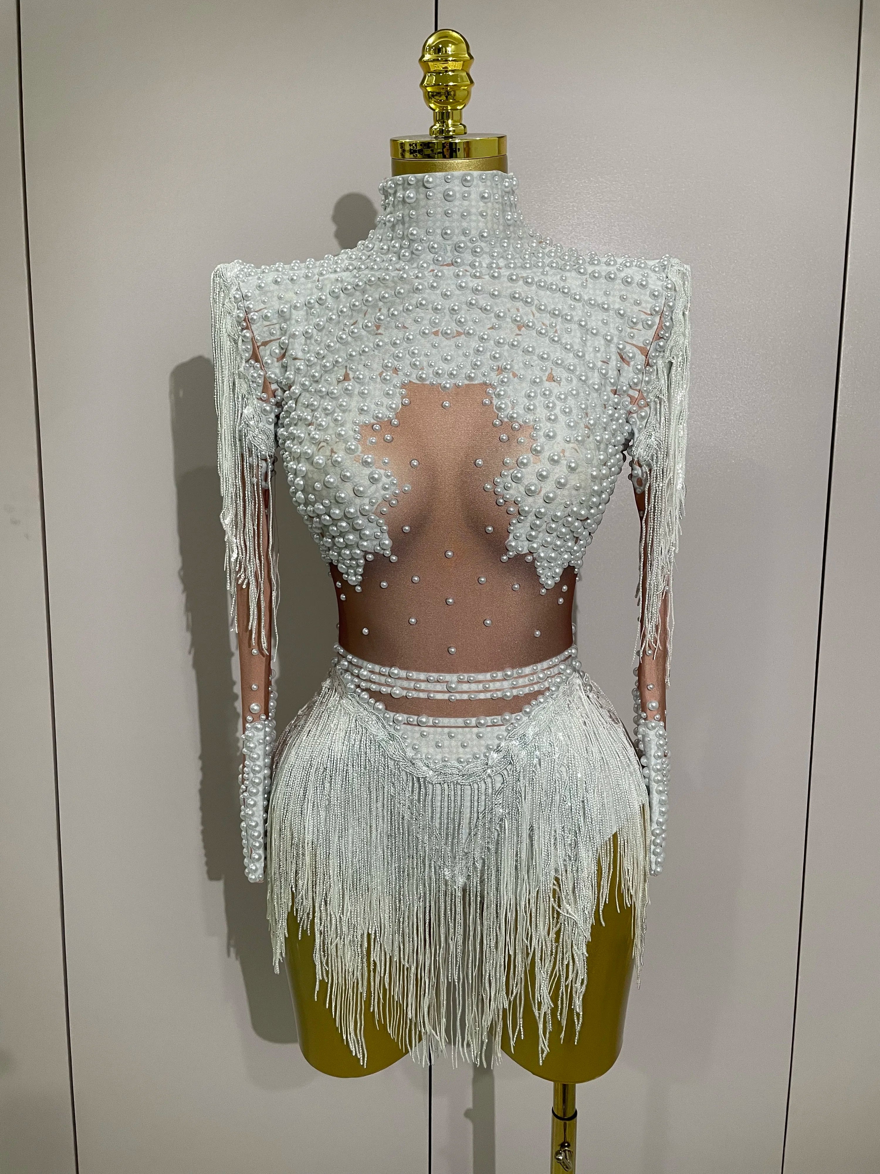 Women Sparkly Rhinestone Sequin Tassel Stretch Bodysuits 2025 New Arrival Birthday Party Nightclub Dj Stage Performance Costume