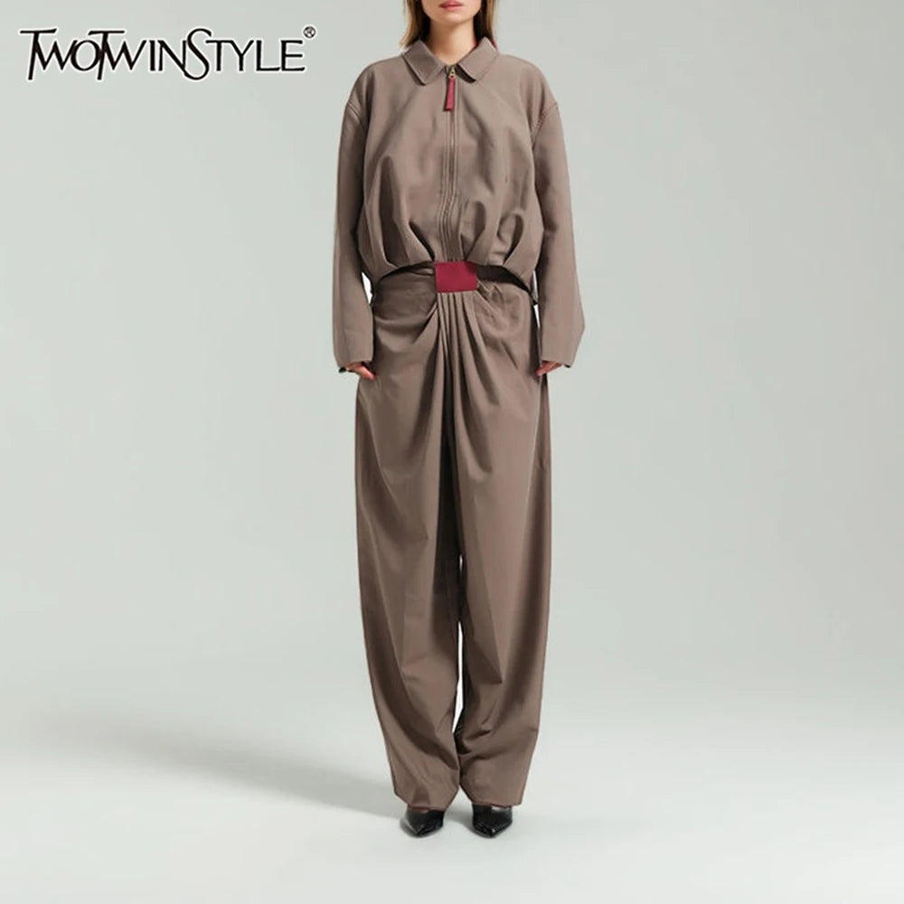 TWOTWINSTYLE Fashion Casual Two Piece Sets for Women Lapel Long Sleeves Patchwork Zipper Top High Waist Wide Leg Pant Set Female