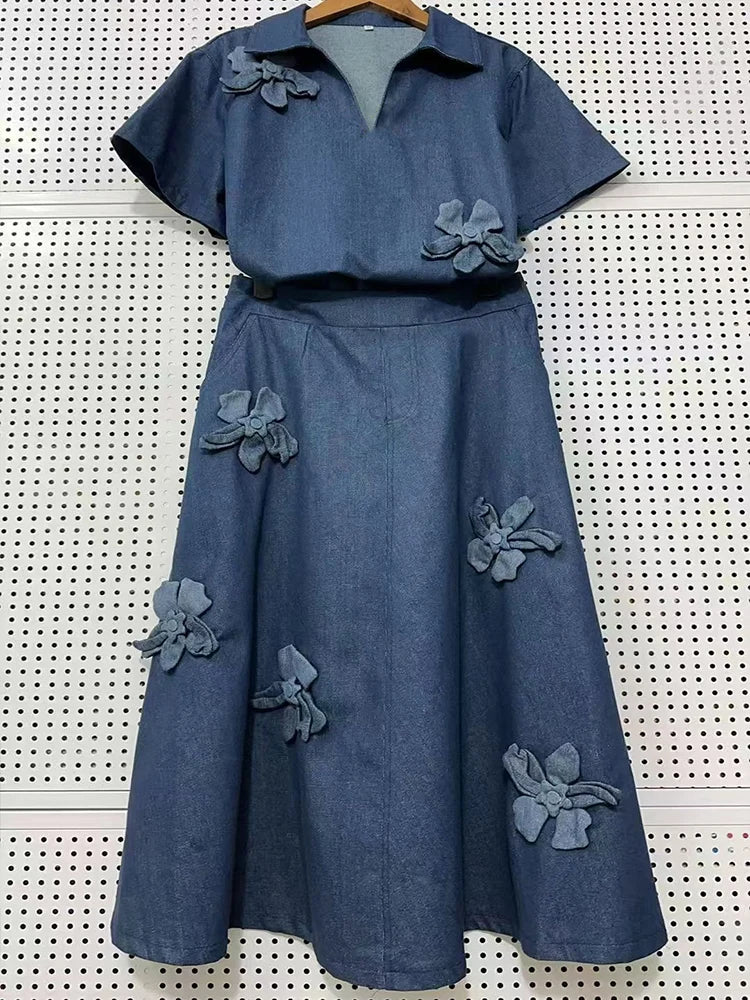 Spring 25 new denim women's suit three-dimensional flower lapel short-sleeved shirt+high waist A-shaped skirt two-piece suit