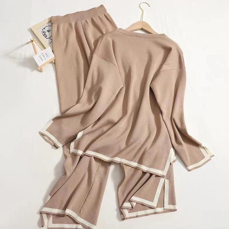 Autumn Winter O-neck Long Sleeve Side Slit Pullover Sweater+high Waist Wide Leg Pants Two Piece Set Women Casual Tracksuit