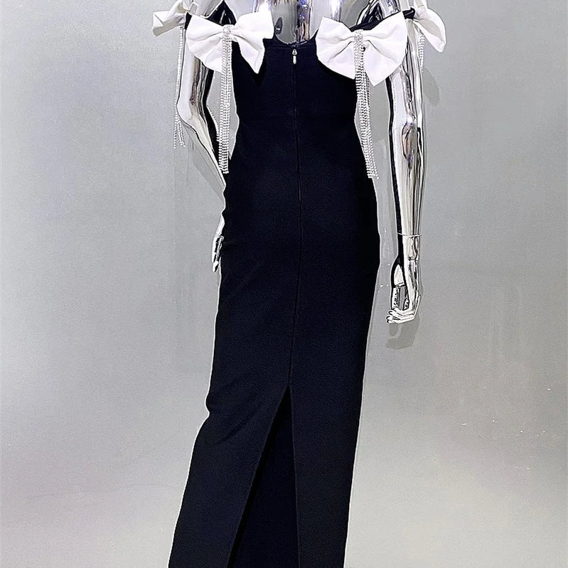 Sparkling Diamonds Tassel White Bows  Sexy Off The Shoulder Ankle Lenght Bandage Dress Woman Birthday Party Vestido