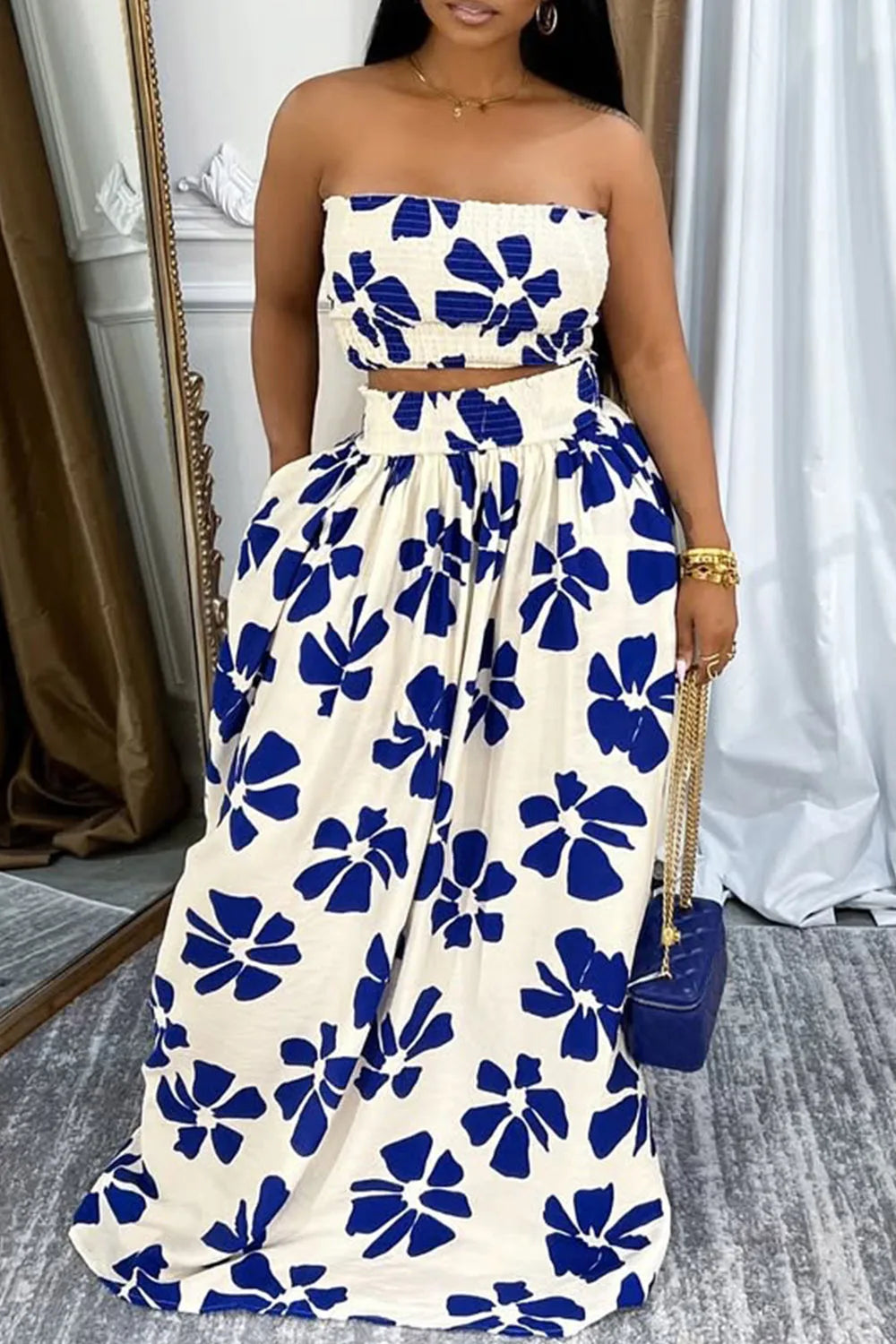 Plus Size Vacation Blue Graphic Pocket Smocking Two Piece Skirt Sets