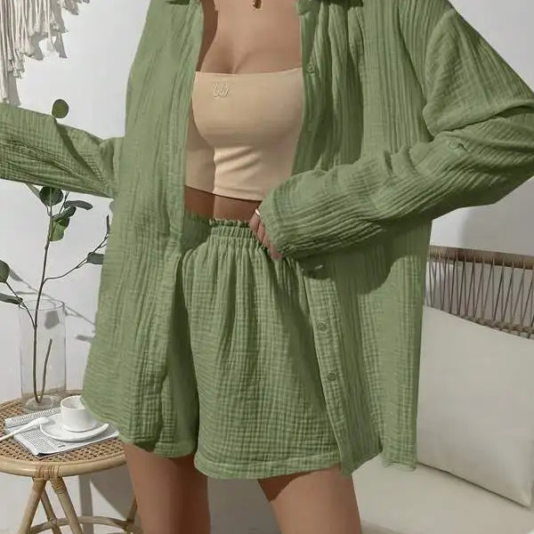 100% Cotton Gauze Muslin Sets For Women 2 Pieces Long Sleeve Shirts And Loose High Waist Mini Shorts Sets Ensemble Femme army green CN
