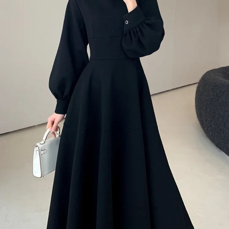 Spring Elegant Women Fashion New Casual Black Dress Vintage A-Line Solid Party Birthday Robe Female Chic Clothes Mujers
