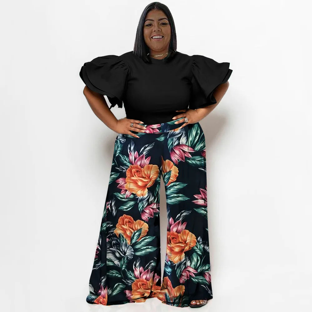 Plus Size Summer 2 Two Piece Set Women Ruffle Pleated Fashion Slim Ladies Blouses Floral Print Loose Pleated Woman Wide Leg Pant